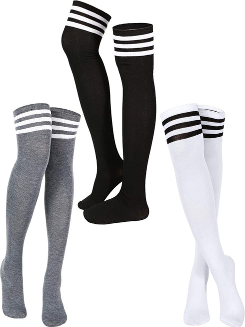 SATINIOR 3 Pairs Knee High Socks Thigh High Socks Triple Stripe over the Knee Socks Long Opaque Thigh High Stockings...